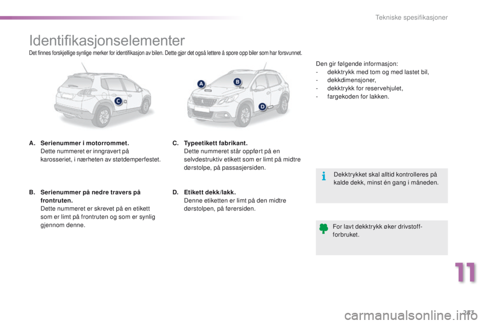 PEUGEOT 2008 2016  Instruksjoner for bruk (in Norwegian) 253
2008_no_Chap11_caracteristiques-techniques_ed01-2016
Identifikasjonselementer
A. Serienummer i motorrommet.  D
ette nummeret er inngravert på 
karosseriet, i nærheten av støtdemperfestet.
Dekkt