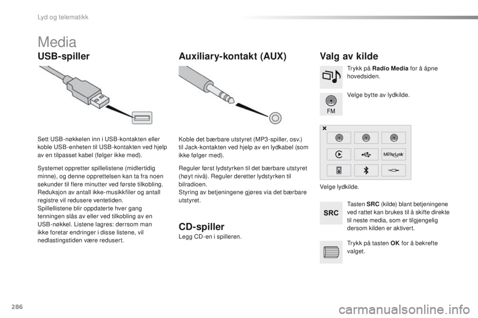 PEUGEOT 2008 2016  Instruksjoner for bruk (in Norwegian) 286
2008_no_Chap12b_SMegplus_ed01-2016
Media
USB-spiller Valg av kilde
ta s t e n  SRC  (kilde) blant betjeningene 
ved rattet kan brukes til å skifte direkte 
til neste media, som er tilgjengelig 
d