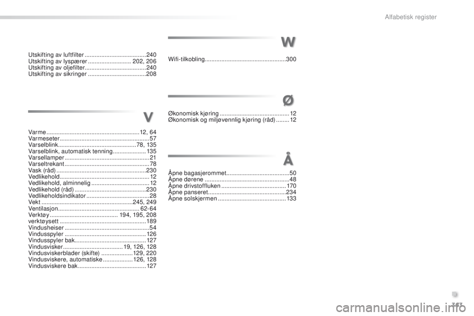 PEUGEOT 2008 2016  Instruksjoner for bruk (in Norwegian) 363
2008_no_Chap13_index-alpha_ed01-2016
Var me ........................................................ 12, 6 4
Varmeseter  ...................................................... 57
Varselblink
 

..