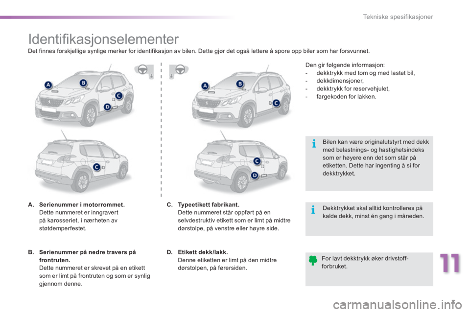 PEUGEOT 2008 2016  Instruksjoner for bruk (in Norwegian) 11
7
Tekniske spesifikasjoner
2008-additif_no_Chap11_caracteristiques-techniques_ed01-2016
                        Identiﬁ kasjonselementer 
A.    Serienummer i motorrommet.       Dette nummeret er 