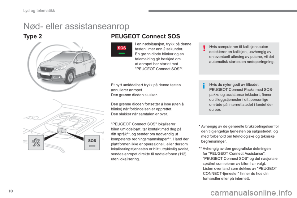 PEUGEOT 2008 2016  Instruksjoner for bruk (in Norwegian)  Lyd og telematikk 
10
2008-additif_no_Chap12a_BTA-2-BTA-3R_ed01-2016
       Nød-  eller  assistanseanrop 
  Hvis computeren til kollisjonsputen detekterer en kollisjon, uavhengig av en eventuell utl