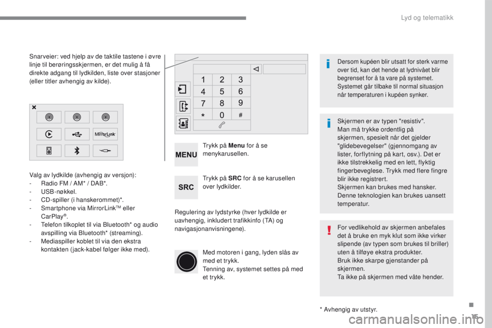 PEUGEOT 2008 2016  Instruksjoner for bruk (in Norwegian) 15
2008-additif_no_Chap12b_SMEGplus_ed01-2016
Valg av lydkilde (avhengig av versjon):
- Radio FM / AM* / DAB*.
-
 U

SB -nøkkel.
-
 CD

-spiller (i hanskerommet)*.
-
 Sm

artphone via MirrorLink
TM e