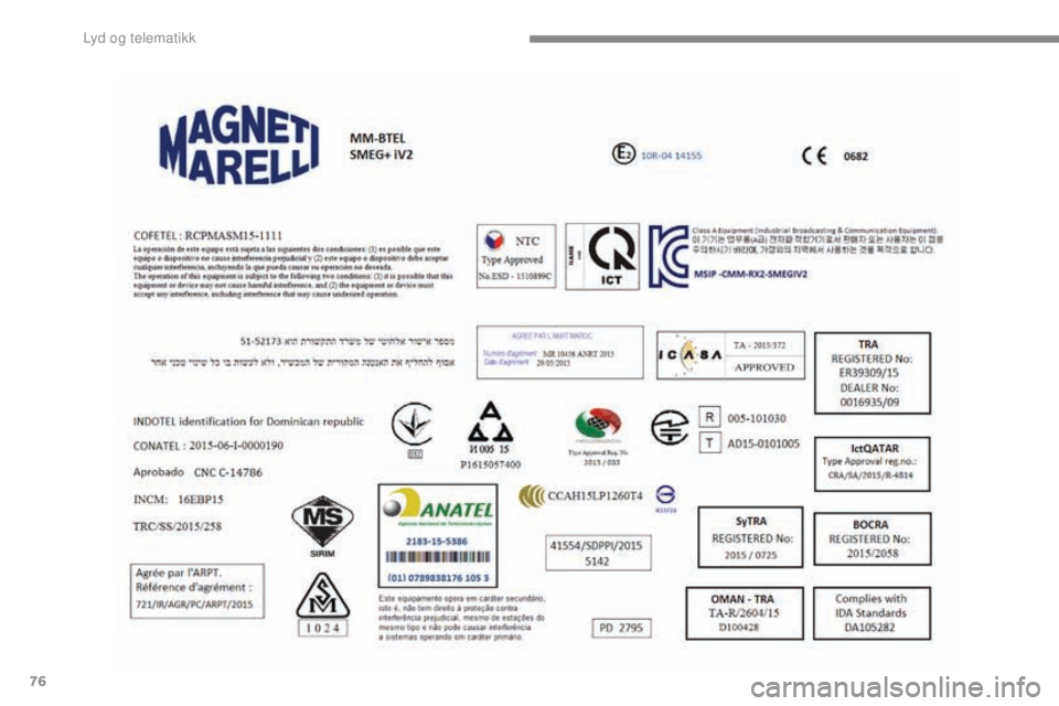PEUGEOT 2008 2016  Instruksjoner for bruk (in Norwegian) 76
2008-additif_no_Chap12b_SMEGplus_ed01-2016 
Lyd og telematikk  