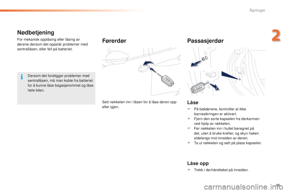 PEUGEOT 2008 2016  Instruksjoner for bruk (in Norwegian) 49
2008_no_Chap02_ouvertures_ed01-2016
Nødbetjening
For mekanisk opplåsing eller låsing av 
dørene dersom det oppstår problemer med 
sentrallåsen, eller feil på batteriet.Førerdør
Sett nøkke