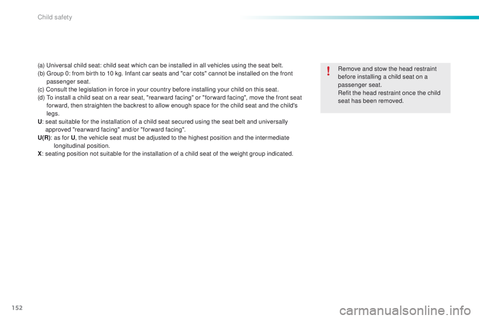PEUGEOT 2008 2015  Owners Manual 152
2008_en_Chap08_securite-enfants_ed01-2015
(a) Universal child seat: child seat which can be installed in all vehicles using the seat belt.
(b)  G roup 0: from birth to 10 kg. Infant car seats and 