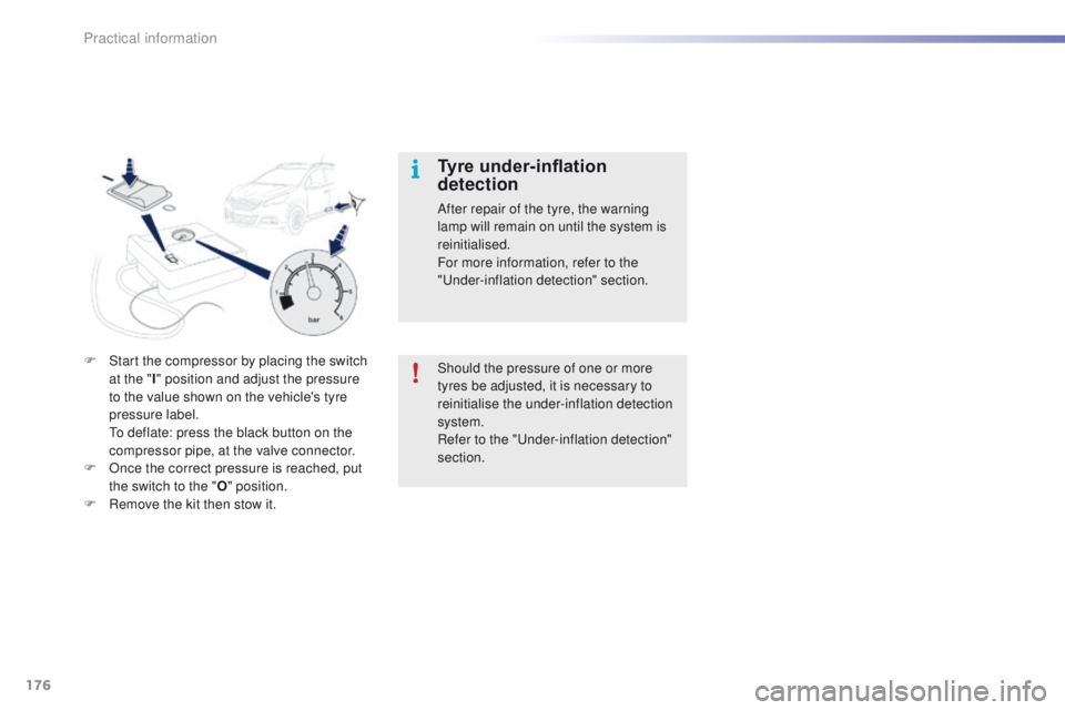 PEUGEOT 2008 2015  Owners Manual 176
2008_en_Chap09_info-pratiques_ed01-2015
F Start the compressor by placing the switch at the " I" position and adjust the pressure 
to the value shown on the vehicle's tyre 
pressure la