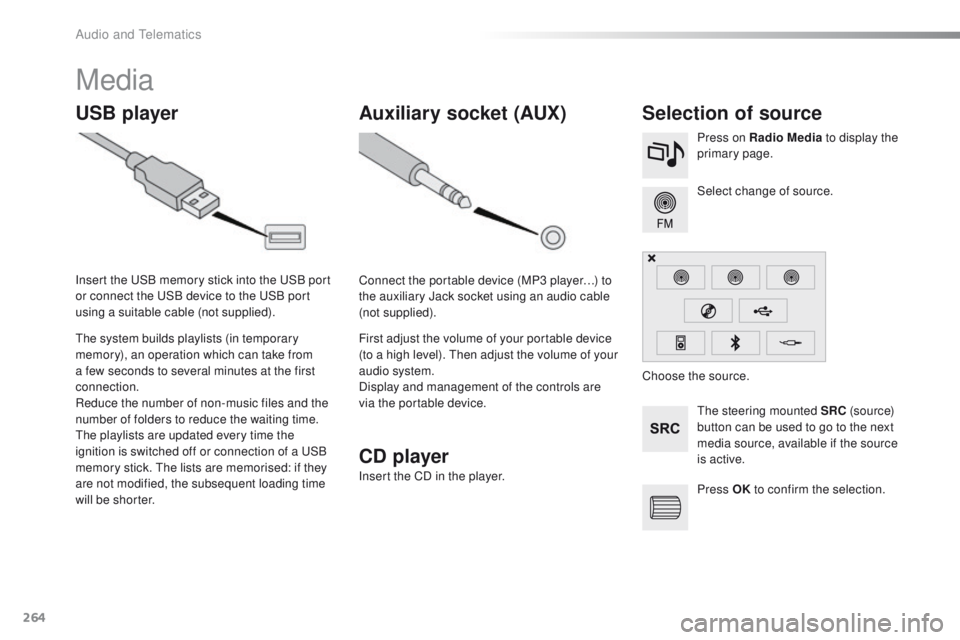 PEUGEOT 2008 2015 Owners Manual 264
2008_en_Chap12b_SMEGplus_ed01-2015
Media
USB playerSelection of source
The steering mounted SRC (s o u r c e)
button can be used to go to the next
media source, available if the source
is activ PEUGEOT 2008 2015 Owners Manual 264
2008_en_Chap12b_SMEGplus_ed01-2015
Media
USB playerSelection of source
The steering mounted SRC (s o u r c e)
button can be used to go to the next
media source, available if the source
is activ