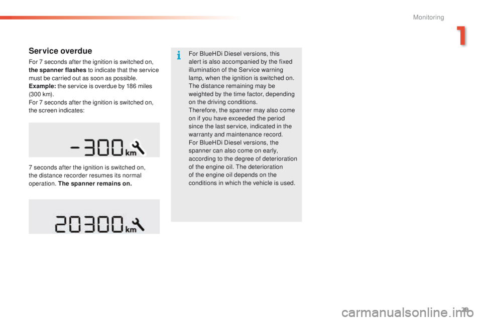 PEUGEOT 2008 2015 Owners Manual 29
2008_en_Chap01_controle-de-marche_ed01-2015
Service overdue
For 7 seconds after the ignition is switched on,
the spanner flashes to indicate that the service
must be carried out as soon as possib PEUGEOT 2008 2015 Owners Manual 29
2008_en_Chap01_controle-de-marche_ed01-2015
Service overdue
For 7 seconds after the ignition is switched on,
the spanner flashes to indicate that the service
must be carried out as soon as possib