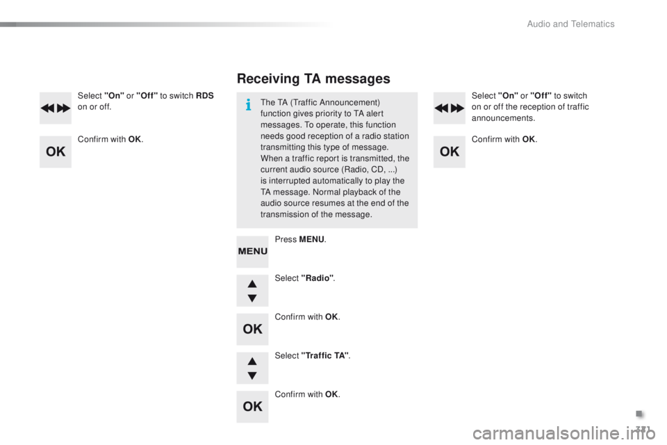 PEUGEOT 2008 2015  Owners Manual 321
2008_en_Chap12d_RDE1_ed01-2015
Select "Radio".
Select "On"
 or "Off" to switch RDS  
on or off. Select "On" or "Off"
 to switch 
on or off the reception of 