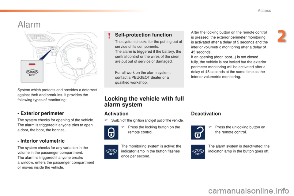 PEUGEOT 2008 2015 Owners Manual 51
2008_en_Chap02_ouvertures_ed01-2015
System which protects and provides a deterrent
against theft and break-ins. It provides the
following types of monitoring:
Alarm
- Exterior perimeter
The syste PEUGEOT 2008 2015 Owners Manual 51
2008_en_Chap02_ouvertures_ed01-2015
System which protects and provides a deterrent
against theft and break-ins. It provides the
following types of monitoring:
Alarm
- Exterior perimeter
The syste