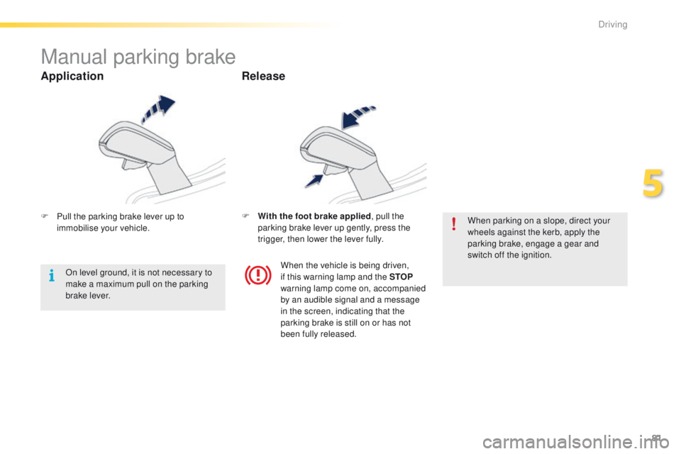 PEUGEOT 2008 2015  Owners Manual 81
2008_en_Chap05_conduite_ed01-2015
Manual parking brake
F Pull the parking brake lever up to immobilise your vehicle. F
 W ith the foot brake applied
, pull the 
parking brake lever up gently, press