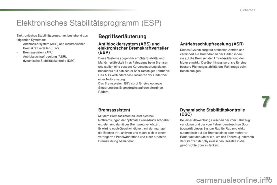 PEUGEOT 2008 2015  Betriebsanleitungen (in German) 133
2008_de_Chap07_securite_ed01-2015
Elektronisches Stabilitätsprogramm, bestehend aus 
folgenden Systemen:
-
 A
ntiblockiersystem (ABS) und elektronischer 
Bremskraftverteiler (EBV),
-
 B

remsassi