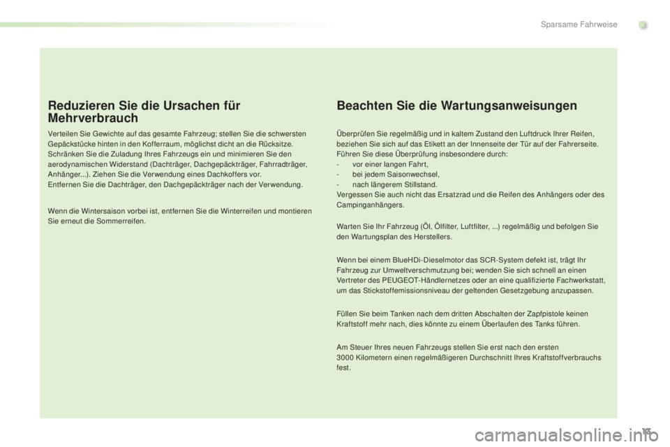 PEUGEOT 2008 2015 Betriebsanleitungen (in German) 13
2008_de_Chap00c_eco-conduite_ed01-2015
Reduzieren Sie die Ursachen für
Mehrverbrauch
Ver teilen Sie Gewichte auf das gesamte Fahrzeug; stellen Sie die schwersten
Gepäckstücke hinten in den Kof PEUGEOT 2008 2015 Betriebsanleitungen (in German) 13
2008_de_Chap00c_eco-conduite_ed01-2015
Reduzieren Sie die Ursachen für
Mehrverbrauch
Ver teilen Sie Gewichte auf das gesamte Fahrzeug; stellen Sie die schwersten
Gepäckstücke hinten in den Kof
