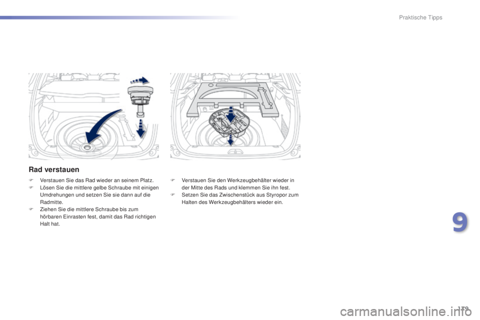 PEUGEOT 2008 2015  Betriebsanleitungen (in German) 179
2008_de_Chap09_info-pratiques_ed01-2015
Rad verstauen
F Verstauen Sie den Werkzeugbehälter wieder in der Mitte des Rads und klemmen Sie ihn fest.
F
 
S
 etzen Sie das Zwischenstück aus Styropor 