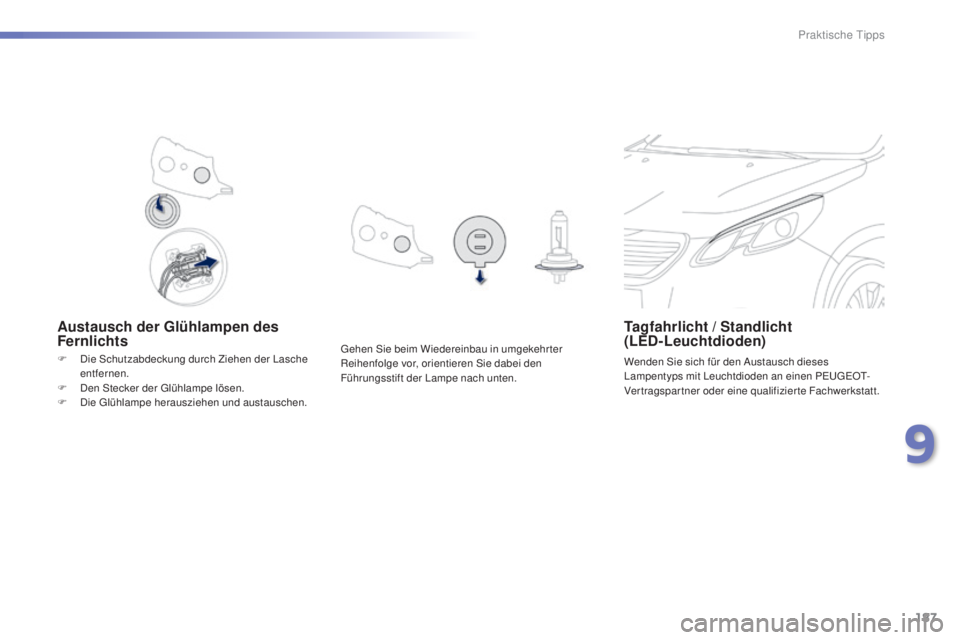 PEUGEOT 2008 2015  Betriebsanleitungen (in German) 187
2008_de_Chap09_info-pratiques_ed01-2015
Austausch der Glühlampen des 
FernlichtsTagfahrlicht / Standlicht  
(LED-Leuchtdioden)
Wenden Sie sich für den Austausch dieses 
Lampentyps mit Leuchtdiod