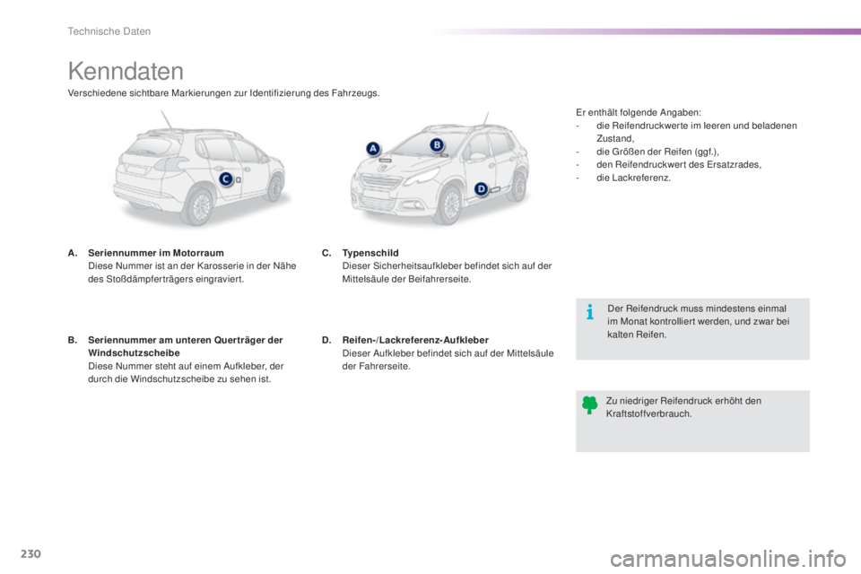 PEUGEOT 2008 2015  Betriebsanleitungen (in German) 230
2008_de_Chap11_caracteristiques-techniques_ed01-2015
Kenndaten
A. Seriennummer im Motorraum  D
iese Nummer ist an der Karosserie in der Nähe 
des Stoßdämpferträgers eingraviert.
Der Reifendruc