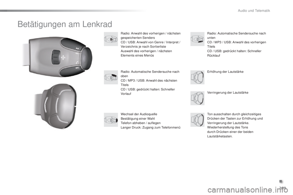 PEUGEOT 2008 2015  Betriebsanleitungen (in German) 299
2008_de_Chap12c_RDE2_ed01-2015
Betätigungen am Lenkrad
Radio: Anwahl des vorherigen / nächsten 
gespeicherten Senders
CD / USB: Anwahl von Genre / Interpret / 
Verzeichnis je nach Sortierliste
A