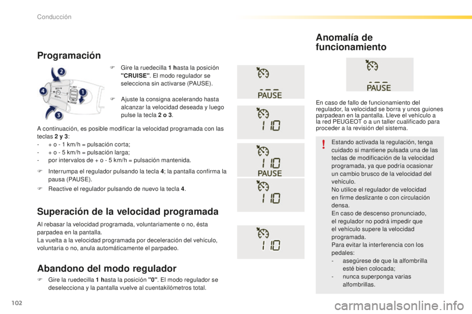PEUGEOT 2008 2015 Manual del propietario (in Spanish) 102
2008_es_Chap05_conduite_ed01-2015
F Gire la ruedecilla 1 hasta la posición
"CRUISE" . El modo regulador se
selecciona sin activarse (PAUSE).
Programación
A continuación, es posible m PEUGEOT 2008 2015 Manual del propietario (in Spanish) 102
2008_es_Chap05_conduite_ed01-2015
F Gire la ruedecilla 1 hasta la posición
"CRUISE" . El modo regulador se
selecciona sin activarse (PAUSE).
Programación
A continuación, es posible m