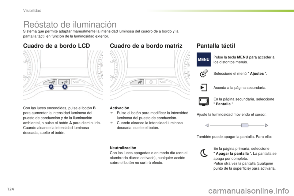 PEUGEOT 2008 2015 Manual del propietario (in Spanish) 124
2008_es_Chap06_visibilite_ed01-2015
Reóstato de iluminaciónSistema que permite adaptar manualmente la intensidad luminosa del cuadro de a bordo y la
pantalla táctil en función de la luminosid PEUGEOT 2008 2015 Manual del propietario (in Spanish) 124
2008_es_Chap06_visibilite_ed01-2015
Reóstato de iluminaciónSistema que permite adaptar manualmente la intensidad luminosa del cuadro de a bordo y la
pantalla táctil en función de la luminosid