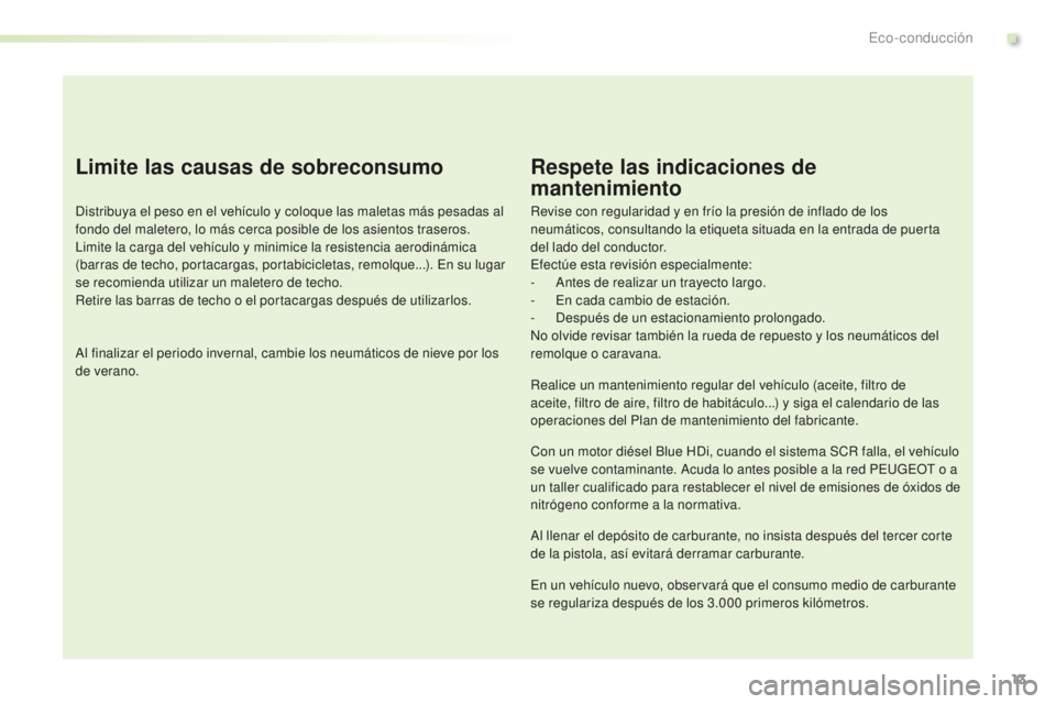PEUGEOT 2008 2015 Manual del propietario (in Spanish) 13
2008_es_Chap00c_eco-conduite_ed01-2015
Limite las causas de sobreconsumo
Distribuya el peso en el vehículo y coloque las maletas más pesadas al
fondo del maletero, lo más cerca posible de los a PEUGEOT 2008 2015 Manual del propietario (in Spanish) 13
2008_es_Chap00c_eco-conduite_ed01-2015
Limite las causas de sobreconsumo
Distribuya el peso en el vehículo y coloque las maletas más pesadas al
fondo del maletero, lo más cerca posible de los a