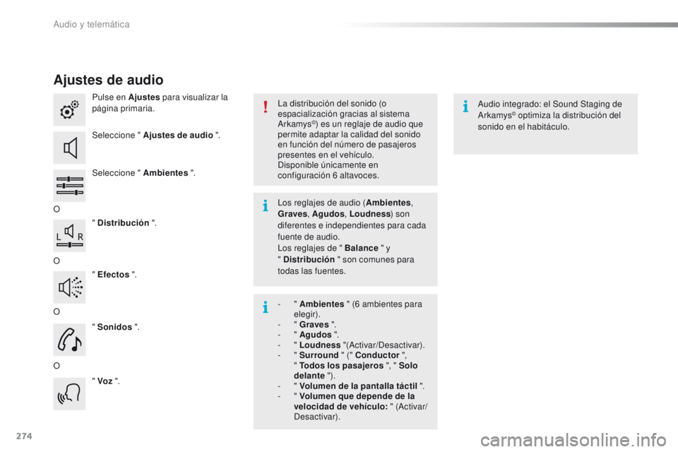 PEUGEOT 2008 2015 Manual del propietario (in Spanish) 274
2008_es_Chap12b_SMEGplus_ed01-2015
Ajustes de audio
Pulse en Ajustes para visualizar la
página primaria.
Seleccione " Ajustes de audio ".
Seleccione " Ambientes ".
O " Distr PEUGEOT 2008 2015 Manual del propietario (in Spanish) 274
2008_es_Chap12b_SMEGplus_ed01-2015
Ajustes de audio
Pulse en Ajustes para visualizar la
página primaria.
Seleccione " Ajustes de audio ".
Seleccione " Ambientes ".
O " Distr