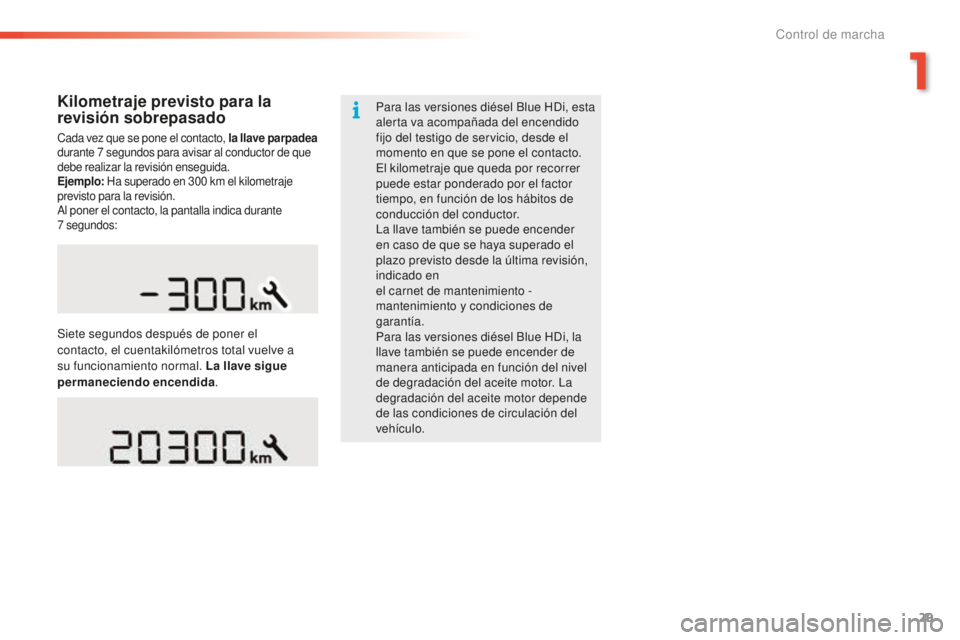 PEUGEOT 2008 2015 Manual del propietario (in Spanish) 29
2008_es_Chap01_controle-de-marche_ed01-2015
Kilometraje previsto para la
revisión sobrepasado
Cada vez que se pone el contacto, la llave parpadea
durante 7 segundos para avisar al conductor de PEUGEOT 2008 2015 Manual del propietario (in Spanish) 29
2008_es_Chap01_controle-de-marche_ed01-2015
Kilometraje previsto para la
revisión sobrepasado
Cada vez que se pone el contacto, la llave parpadea
durante 7 segundos para avisar al conductor de