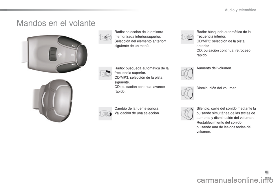 PEUGEOT 2008 2015  Manual del propietario (in Spanish) 319
2008_es_Chap12d_RDE1_ed01-2015
Mandos en el volante
Radio: selección de la emisora 
memorizada inferior/superior.
Selección del elemento anterior/
siguiente de un menú.Disminución del volumen.