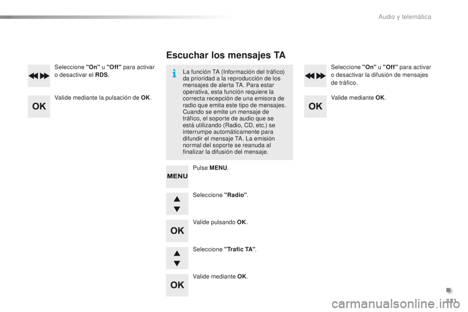 PEUGEOT 2008 2015  Manual del propietario (in Spanish) 321
2008_es_Chap12d_RDE1_ed01-2015
Seleccione "Radio".
Seleccione "On"
 u "Off" para activar 
o desactivar el RDS . Seleccione "On"
 u "Off" para activar 
o des