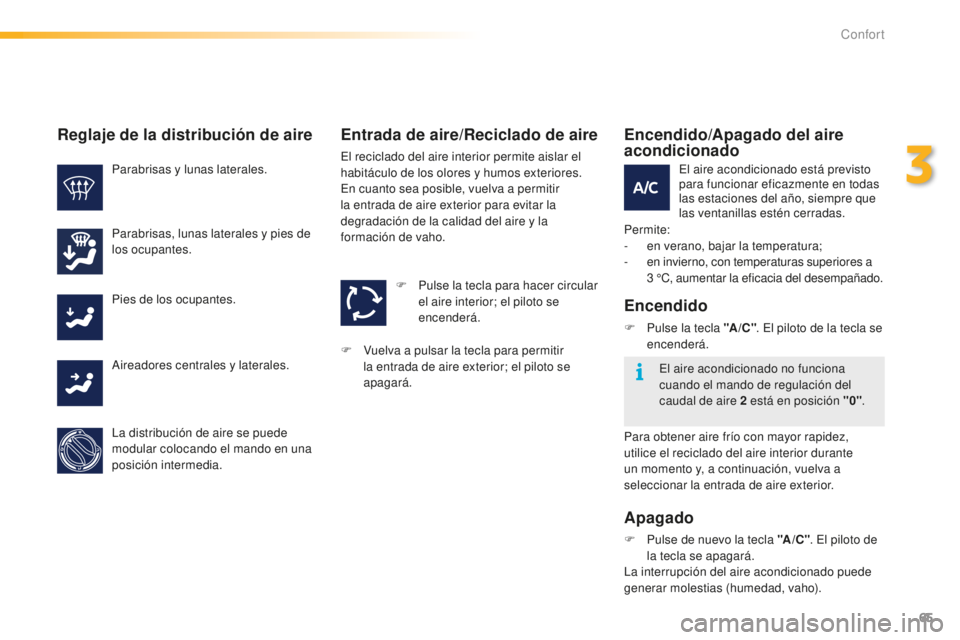 PEUGEOT 2008 2015  Manual del propietario (in Spanish) 65
2008_es_Chap03_confort_ed01-2015
Encendido/Apagado del aire 
acondicionado
Permite:
- e n verano, bajar la temperatura;
-
 e

n invierno, con temperaturas superiores a 
3
  °C, aumentar la eficaci