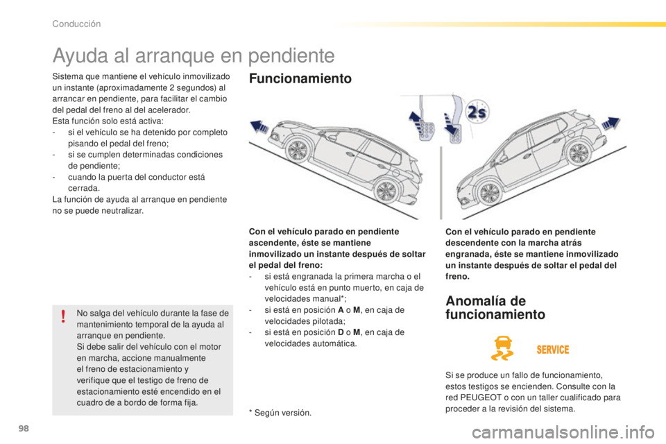 PEUGEOT 2008 2015 Manual del propietario (in Spanish) 98
2008_es_Chap05_conduite_ed01-2015
Ayuda al arranque en pendiente
Sistema que mantiene el vehículo inmovilizado
un instante (aproximadamente 2 segundos) al
arrancar en pendiente, para facilitar PEUGEOT 2008 2015 Manual del propietario (in Spanish) 98
2008_es_Chap05_conduite_ed01-2015
Ayuda al arranque en pendiente
Sistema que mantiene el vehículo inmovilizado
un instante (aproximadamente 2 segundos) al
arrancar en pendiente, para facilitar