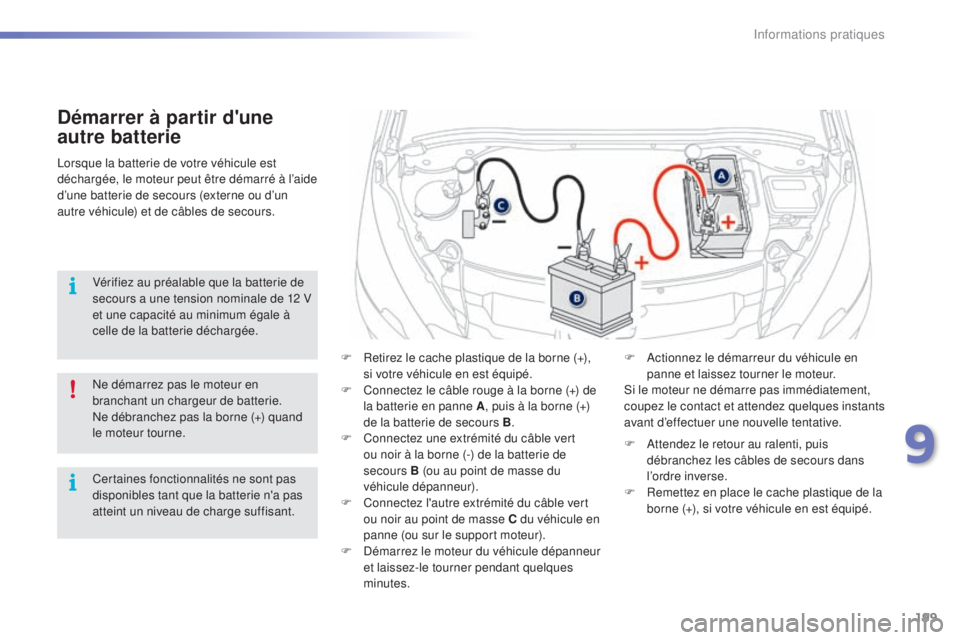 PEUGEOT 2008 2015 Manuel du propriétaire (in French) 199
Démarrer à partir d'une
autre batterie
F Retirez le cache plastique de la borne (+), si votre véhicule en est équipé.
F
C
onnectez le câble rouge à la borne (+) de
la batterie en p PEUGEOT 2008 2015 Manuel du propriétaire (in French) 199
Démarrer à partir d'une
autre batterie
F Retirez le cache plastique de la borne (+), si votre véhicule en est équipé.
F
C
onnectez le câble rouge à la borne (+) de
la batterie en p