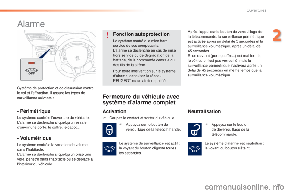 PEUGEOT 2008 2015 Manuel du propriétaire (in French) 51
Système de protection et de dissuasion contre
le vol et l'effraction. Il assure les types de
surveillance suivants :
Alarme
- Périmétrique
Le système contrôle l'ouverture du véhicul PEUGEOT 2008 2015 Manuel du propriétaire (in French) 51
Système de protection et de dissuasion contre
le vol et l'effraction. Il assure les types de
surveillance suivants :
Alarme
- Périmétrique
Le système contrôle l'ouverture du véhicul