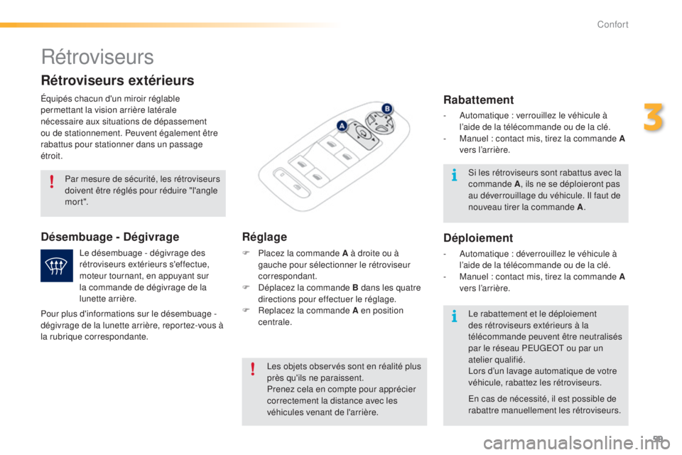 PEUGEOT 2008 2015  Manuel du propriétaire (in French) 59
Rétroviseurs
Équipés chacun d'un miroir réglable 
permettant la vision arrière latérale 
nécessaire aux situations de dépassement 
ou de stationnement. Peuvent également être 
rabattu