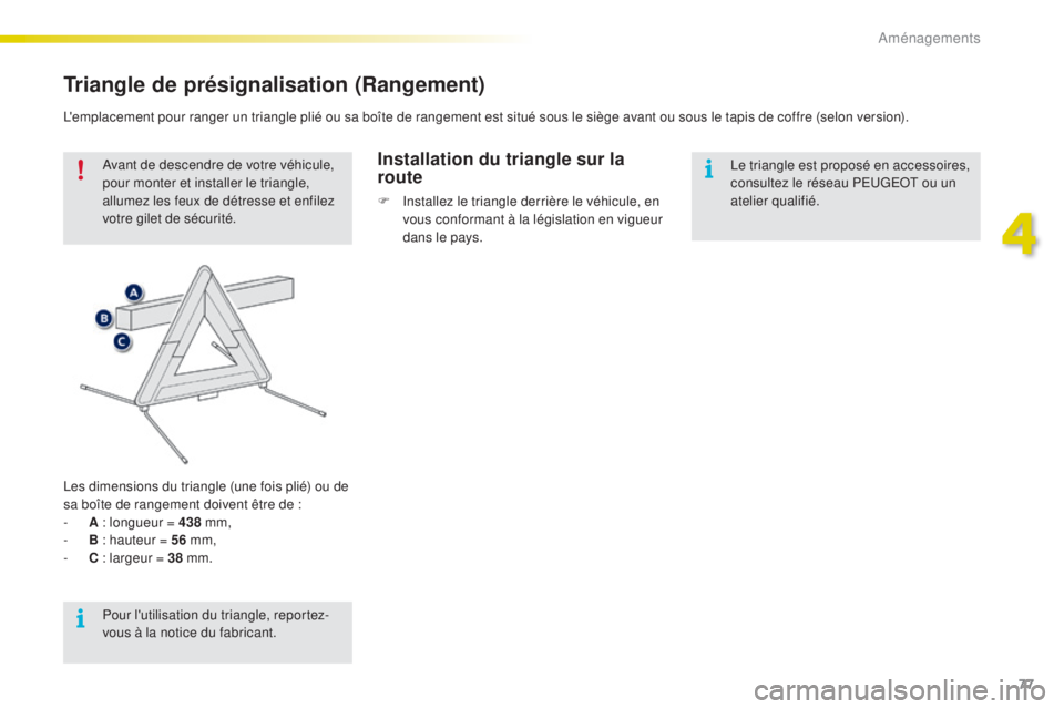 PEUGEOT 2008 2015  Manuel du propriétaire (in French) 77
Triangle de présignalisation (Rangement)
Avant de descendre de votre véhicule, 
pour monter et installer le triangle, 
allumez les feux de détresse et enfilez 
votre gilet de sécurité.
Les dim