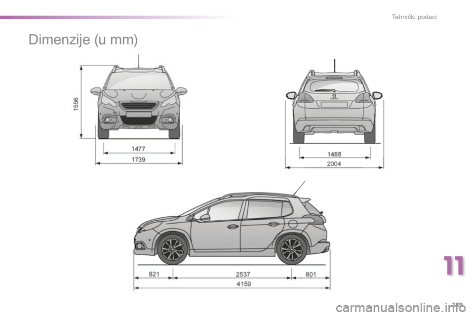 PEUGEOT 2008 2015  Upute Za Rukovanje (in Croatian) 229
2008_hr_Chap11_caracteristiques-techniques_ed01-2015
Dimenzije (u mm)
11 
Tehnički podaci  