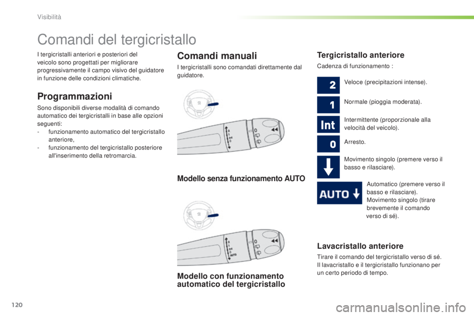 PEUGEOT 2008 2015 Manuale duso (in Italian) 120
2008_it_Chap06_visibilite_ed01-2015
Lavacristallo anteriore
Tirare il comando del tergicristallo verso di sé.
Il lavacristallo e il tergicristallo funzionano per
un certo periodo di tempo.
Coma PEUGEOT 2008 2015 Manuale duso (in Italian) 120
2008_it_Chap06_visibilite_ed01-2015
Lavacristallo anteriore
Tirare il comando del tergicristallo verso di sé.
Il lavacristallo e il tergicristallo funzionano per
un certo periodo di tempo.
Coma