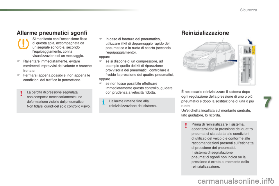 PEUGEOT 2008 2015 Manuale duso (in Italian) 131
2008_it_Chap07_securite_ed01-2015
Allarme pneumatici sgonfi
Si manifesta con l'accensione fissa
di questa spia, accompagnata da
un segnale sonoro e, secondo
l'equipaggiamento, con la
v PEUGEOT 2008 2015 Manuale duso (in Italian) 131
2008_it_Chap07_securite_ed01-2015
Allarme pneumatici sgonfi
Si manifesta con l'accensione fissa
di questa spia, accompagnata da
un segnale sonoro e, secondo
l'equipaggiamento, con la
v