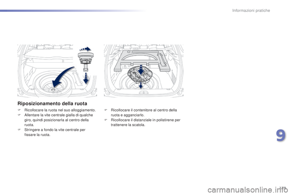 PEUGEOT 2008 2015  Manuale duso (in Italian) 179
2008_it_Chap09_info-pratiques_ed01-2015
Riposizionamento della ruota
F Ricollocare il contenitore al centro della ruota e agganciarlo.
F
 
R
 icollocare il distanziale in polistirene per 
trattene
