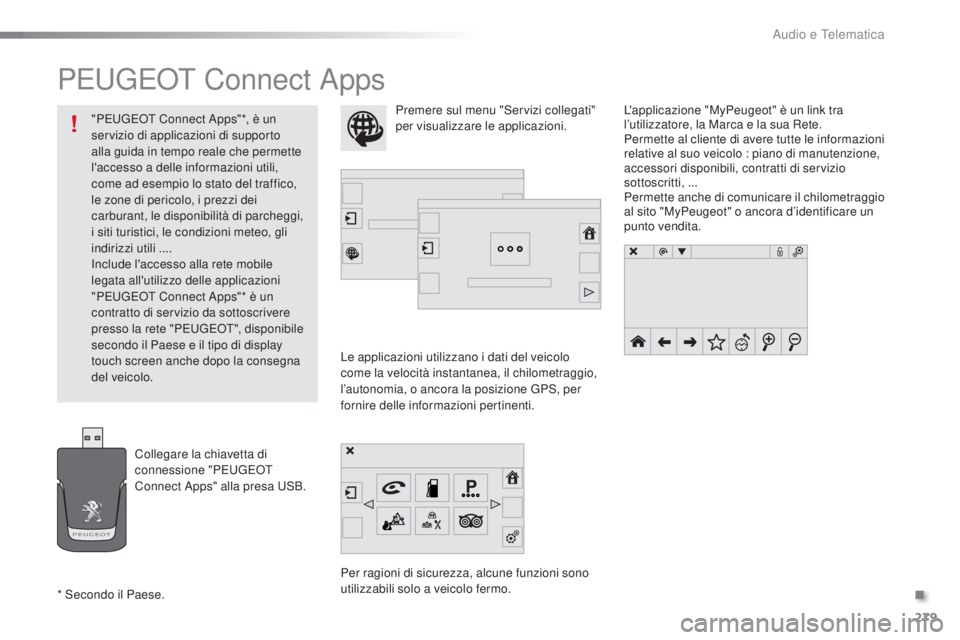 PEUGEOT 2008 2015 Manuale duso (in Italian) 279
2008_it_Chap12b_SMEGplus_ed01-2015
PEUGEOT Connect Apps
Le applicazioni utilizzano i dati del veicolo
come la velocità instantanea, il chilometraggio,
l’autonomia, o ancora la posizione GPS, PEUGEOT 2008 2015 Manuale duso (in Italian) 279
2008_it_Chap12b_SMEGplus_ed01-2015
PEUGEOT Connect Apps
Le applicazioni utilizzano i dati del veicolo
come la velocità instantanea, il chilometraggio,
l’autonomia, o ancora la posizione GPS,