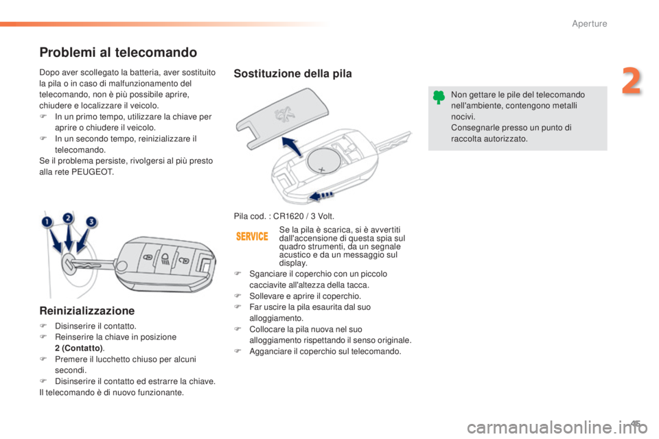 PEUGEOT 2008 2015  Manuale duso (in Italian) 45
2008_it_Chap02_ouvertures_ed01-2015
Sostituzione della pila
Pila cod. : CR1620 / 3 Volt.N on gettare le pile del telecomando 
nell'ambiente, contengono metalli 
nocivi.
Consegnarle presso un pu