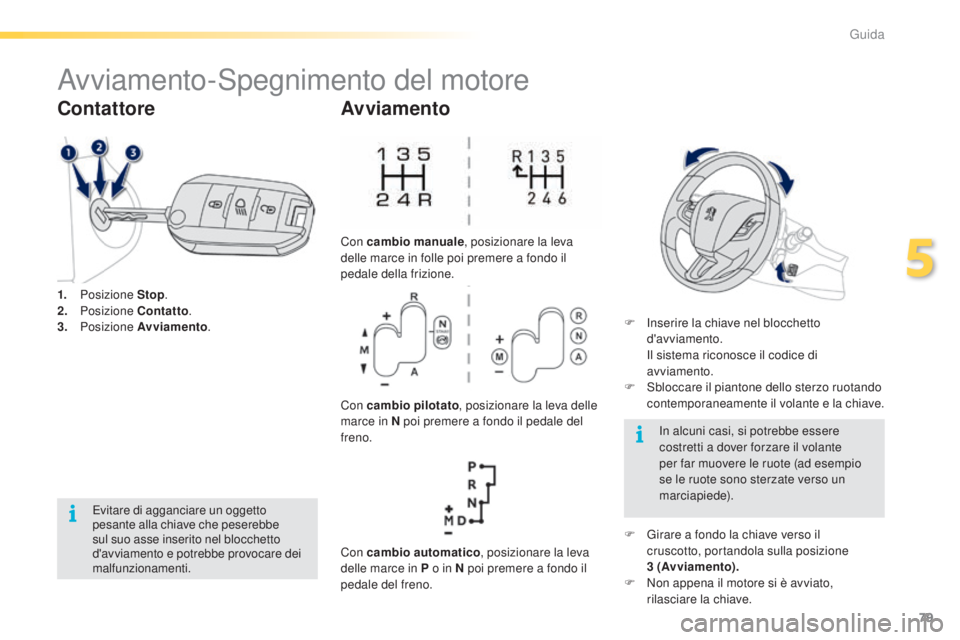 PEUGEOT 2008 2015  Manuale duso (in Italian) 79
2008_it_Chap05_conduite_ed01-2015
Avviamento-Spegnimento del motore
1. Posizione  Stop.
2. P osizione  Contatto .
3.
 

Posizione  Avviamento .
Contattore
Evitare di agganciare un oggetto 
pesante 