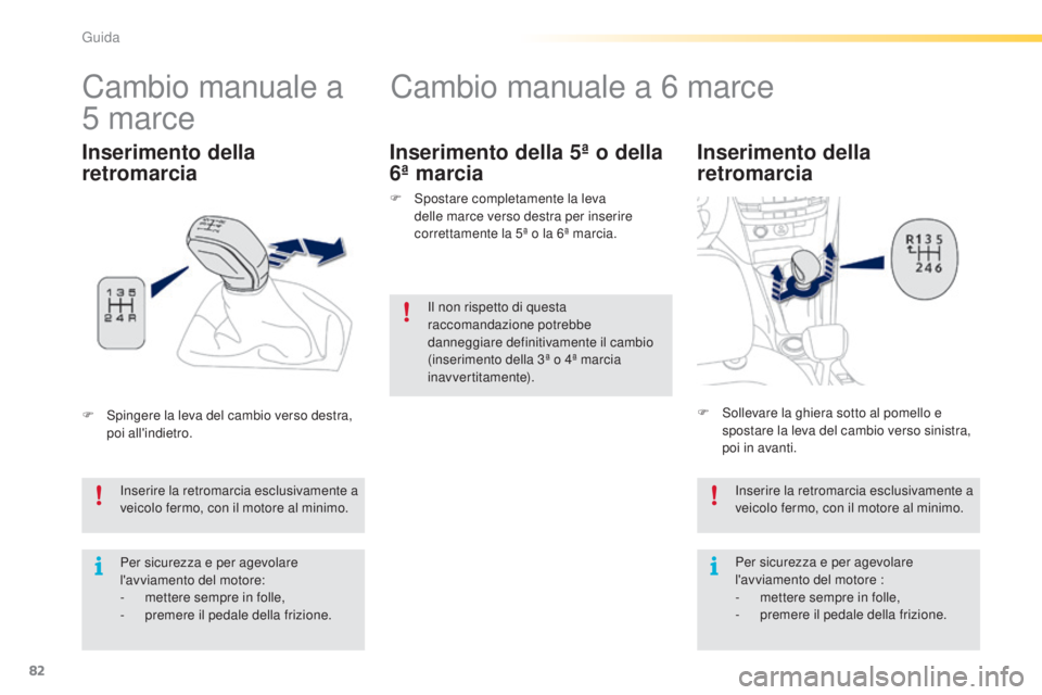 PEUGEOT 2008 2015  Manuale duso (in Italian) 82
2008_it_Chap05_conduite_ed01-2015
Cambio manuale a 6 marce
Inserimento della 
retromarcia
Inserire la retromarcia esclusivamente a 
veicolo fermo, con il motore al minimo.
Per sicurezza e per agevo
