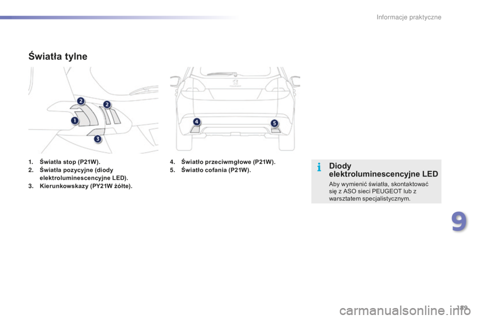PEUGEOT 2008 2015  Instrukcja obsługi (in Polish) 189
2008_pl_Chap09_info-pratiques_ed01-2015
1. Światła stop (P21W).
2. Światła pozycyjne (diody 
elektroluminescencyjne LED).
3.
 K

ierunkowskazy (PY21W żółte).
Światła tylne
Diody 
elektrol