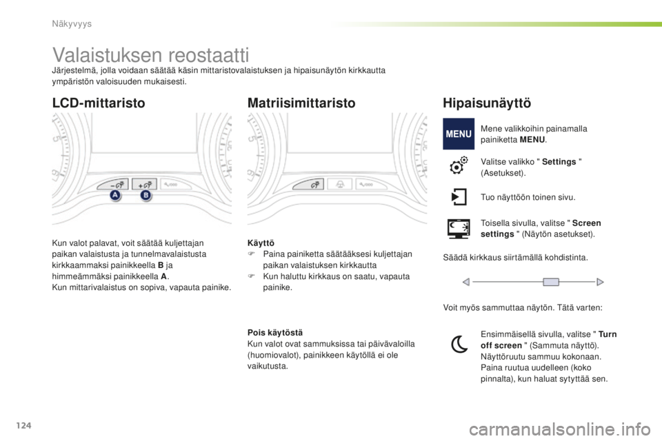 PEUGEOT 2008 2015  Omistajan Käsikirja (in Finnish) 124
2008_fi_Chap06_visibilite_ed01-2015
Valaistuksen reostaattiJärjestelmä, jolla voidaan säätää käsin mittaristovalaistuksen ja hipaisunäytön kirkkautta 
ympäristön valoisuuden mukaisesti.