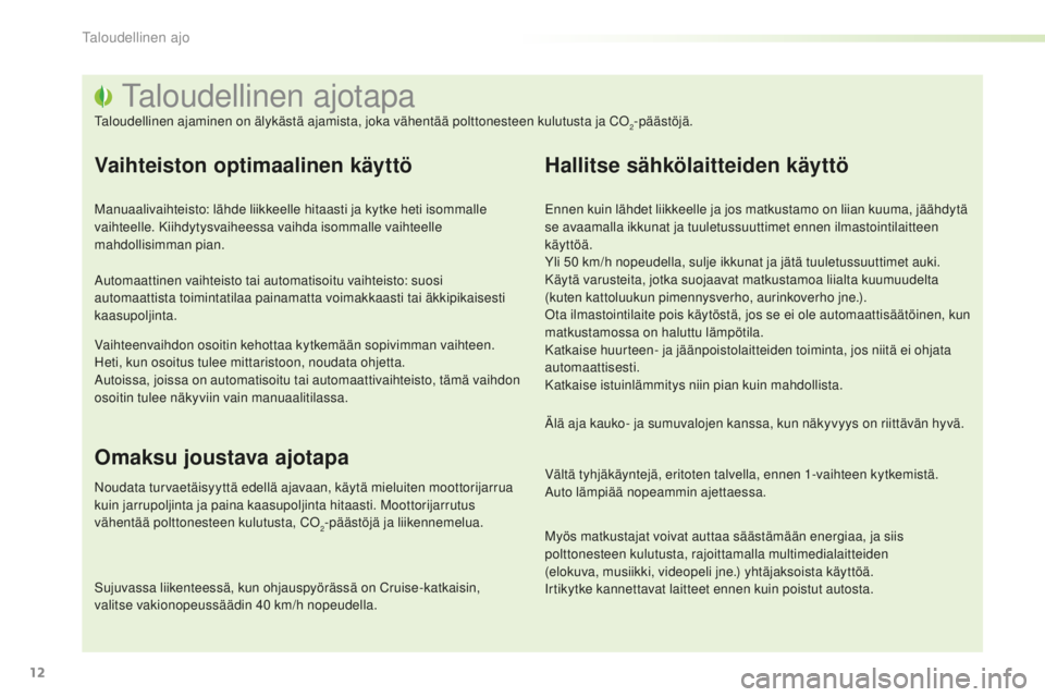 PEUGEOT 2008 2015 Omistajan Käsikirja (in Finnish) 12
2008_fi_Chap00c_eco-conduite_ed01-2015
Taloudellinen ajotapa
Taloudellinen ajaminen on älykästä ajamista, joka vähentää polttonesteen kulutusta ja CO2-päästöjä.
Vaihteiston optimaalinen k PEUGEOT 2008 2015 Omistajan Käsikirja (in Finnish) 12
2008_fi_Chap00c_eco-conduite_ed01-2015
Taloudellinen ajotapa
Taloudellinen ajaminen on älykästä ajamista, joka vähentää polttonesteen kulutusta ja CO2-päästöjä.
Vaihteiston optimaalinen k