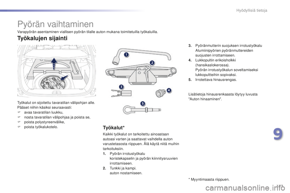 PEUGEOT 2008 2015 Omistajan Käsikirja (in Finnish) 177
2008_fi_Chap09_info-pratiques_ed01-2015
Pyörän vaihtaminen
Työkalut on sijoitettu tavaratilan välipohjan alle.
Pääset niihin käsiksi seuraavasti:
F
a
vaa tavaratilan luukku,
F
n
osta t PEUGEOT 2008 2015 Omistajan Käsikirja (in Finnish) 177
2008_fi_Chap09_info-pratiques_ed01-2015
Pyörän vaihtaminen
Työkalut on sijoitettu tavaratilan välipohjan alle.
Pääset niihin käsiksi seuraavasti:
F
a
vaa tavaratilan luukku,
F
n
osta t