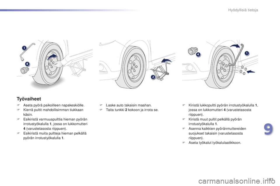 PEUGEOT 2008 2015  Omistajan Käsikirja (in Finnish) 183
2008_fi_Chap09_info-pratiques_ed01-2015
Ty ö v a i h e e t
F Aseta pyörä paikoilleen napakeskiölle.
F K ierrä pultit mahdollisimman tiukkaan 
käsin.
F
 
E
 sikiristä varmuuspulttia hieman p