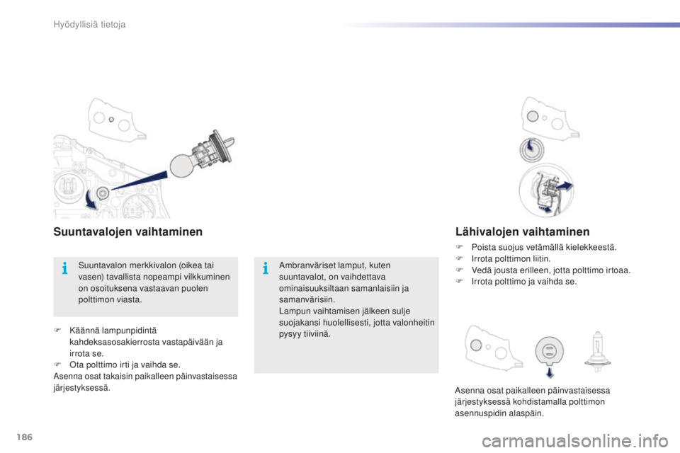 PEUGEOT 2008 2015  Omistajan Käsikirja (in Finnish) 186
2008_fi_Chap09_info-pratiques_ed01-2015
Lähivalojen vaihtaminen
F Poista suojus vetämällä kielekkeestä.
F I rrota polttimon liitin.
F
 
V
 edä jousta erilleen, jotta polttimo irtoaa.
F
 
I
 