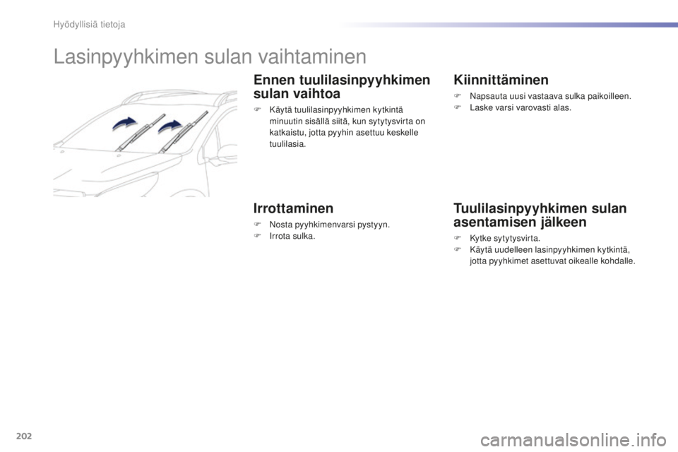 PEUGEOT 2008 2015  Omistajan Käsikirja (in Finnish) 202
2008_fi_Chap09_info-pratiques_ed01-2015
Lasinpyyhkimen sulan vaihtaminen
Ennen tuulilasinpyyhkimen 
sulan vaihtoa
F Käytä tuulilasinpyyhkimen kytkintä minuutin sisällä siitä, kun sytytysvirt