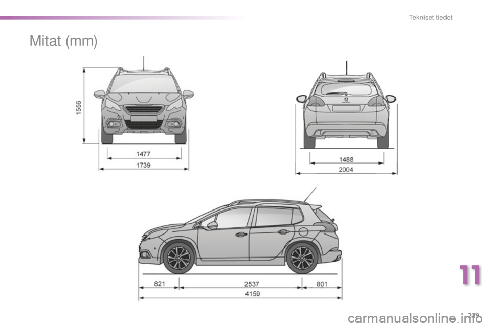 PEUGEOT 2008 2015  Omistajan Käsikirja (in Finnish) 229
2008_fi_Chap11_caracteristiques-techniques_ed01-2015
M i t at  (m m)
11 
Tekniset tiedot  